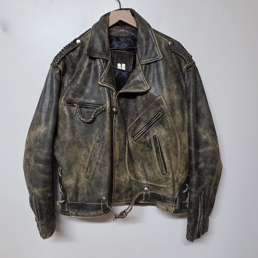 Vintage 80s Ripples Heavy Leather Motorcycle Jacket XL Distressed Biker Moto